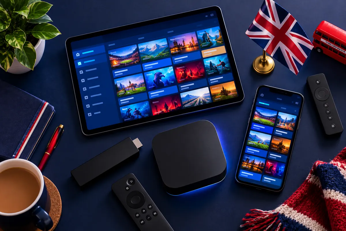 IPTV UK on a tablet, phone, streaming stick and TV box with a Union Jack flag
